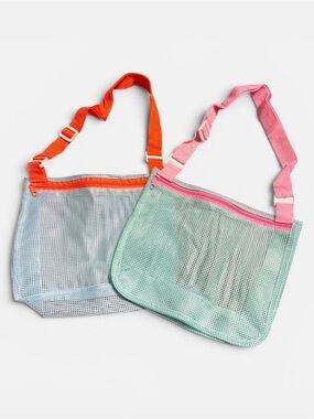 Mesh Beach Tote Pair in Mint & Light Blue with Pink and Orange Straps